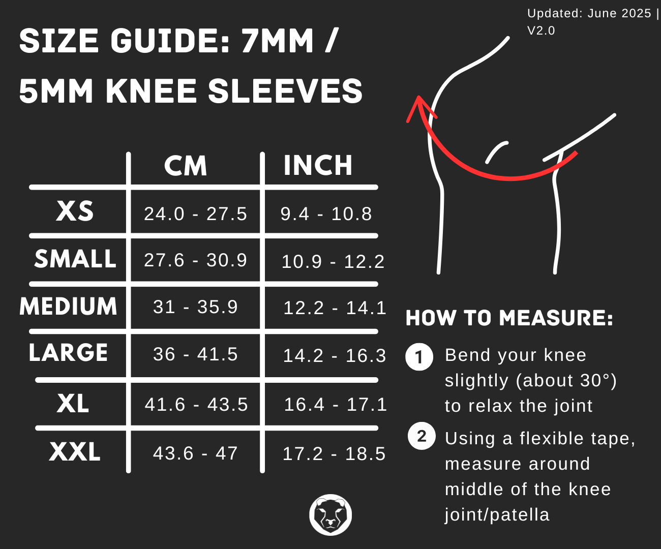 Size guide for 7mm and 5mm knee sleeves with measurement chart and instructions on how to measure.