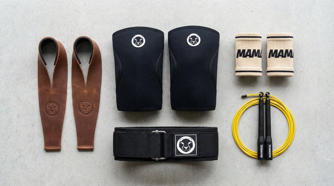 Mammal Strength training bundles featuring weightlifting tape, hand grips, sleeves, and essential performance gear.