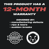 Warranty information for a product with a 12-month warranty on a black background.