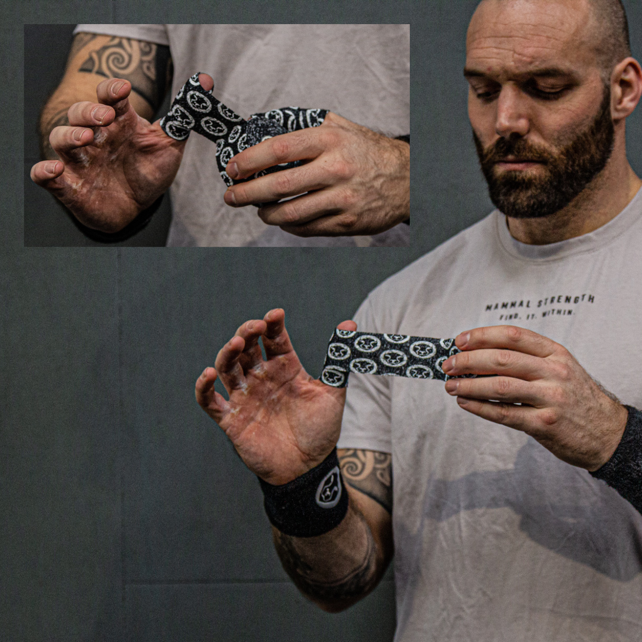 Man wrapping his thumbs with Mammal Tape. Close-up insets of hands and wristbands.