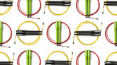 Speed skipping ropes in red yellow and green colourways on white background
