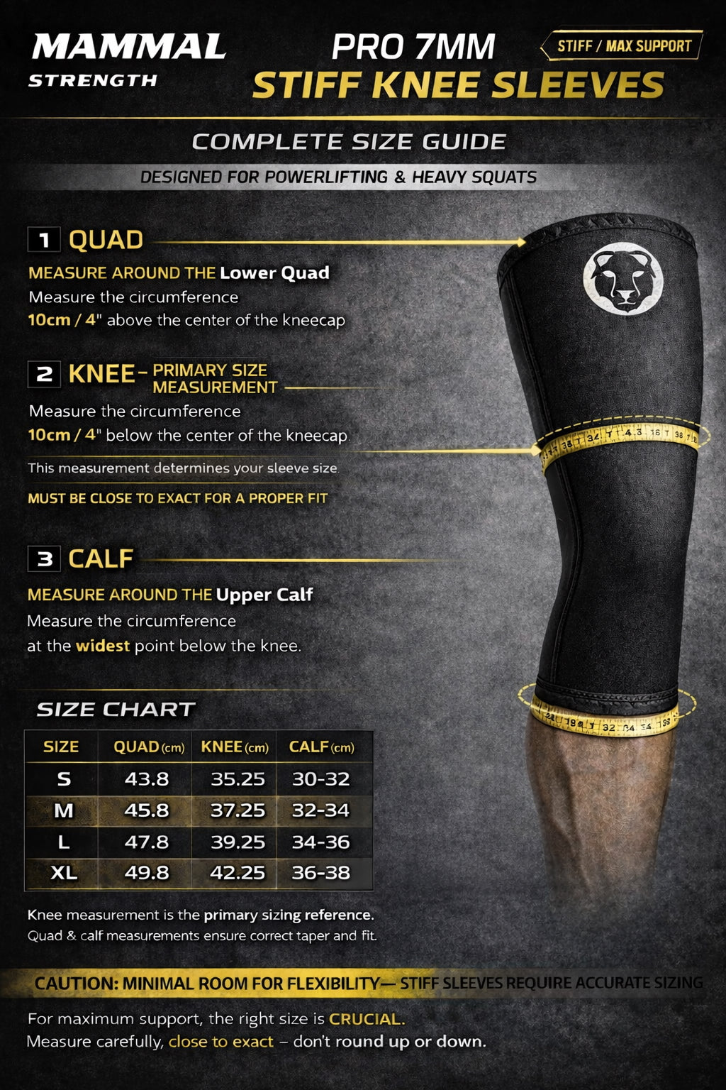 Size guide for Mammal Strength Stiff Knee Sleeves PRO showing quad, knee, and calf measurements for accurate sizing
