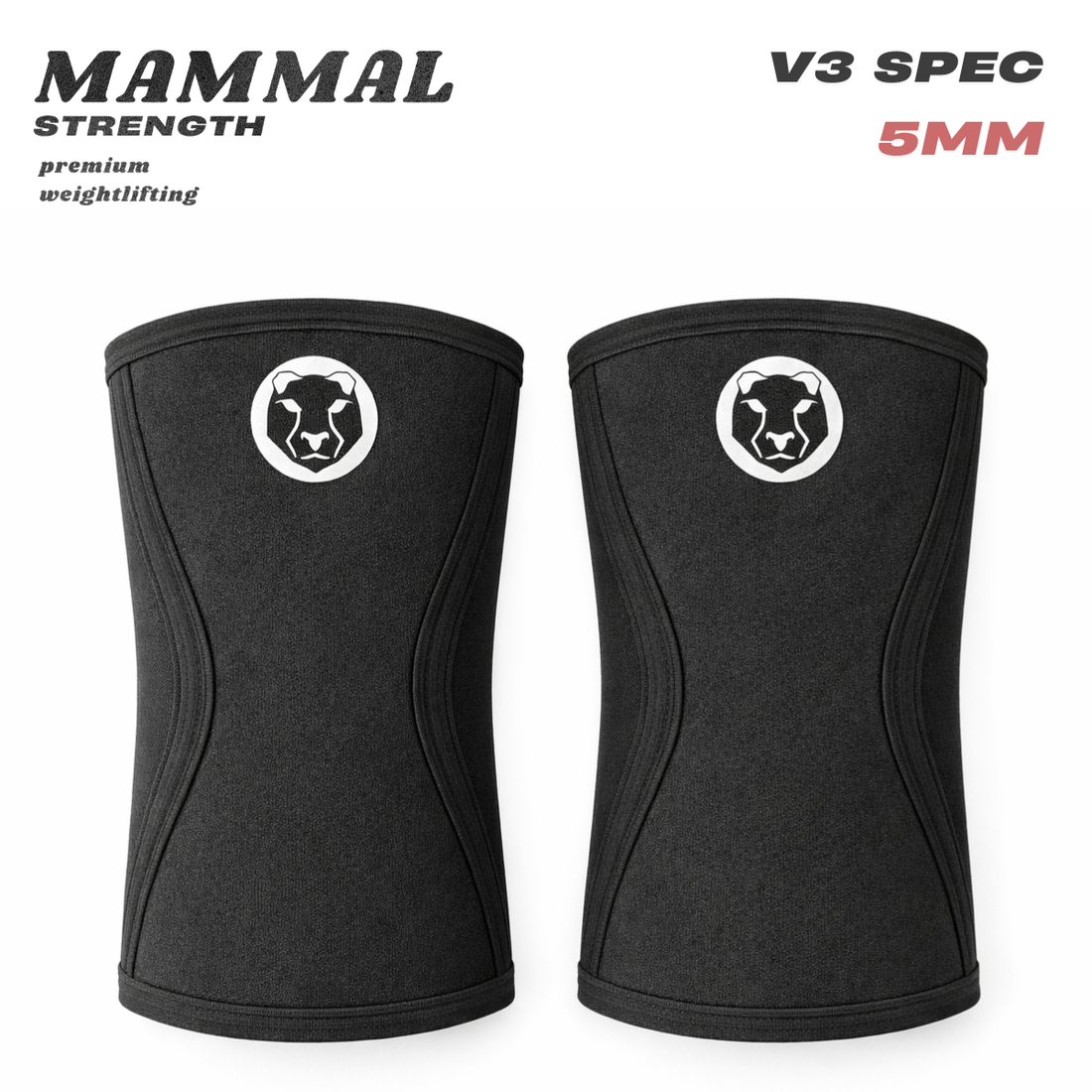Front view of Mammal Strength V3 5mm black knee sleeves for weightlifting and training
