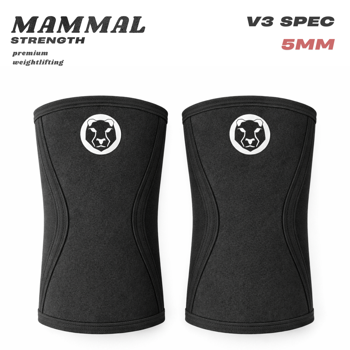 Front view of Mammal Strength V3 5mm black knee sleeves for weightlifting and training
