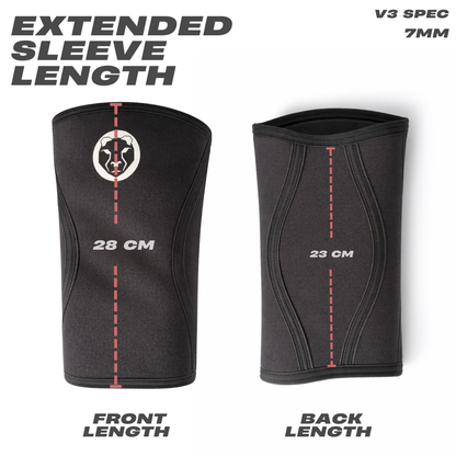Front and back length measurements of Mammal Strength V3 7mm knee sleeves showing extended sleeve design