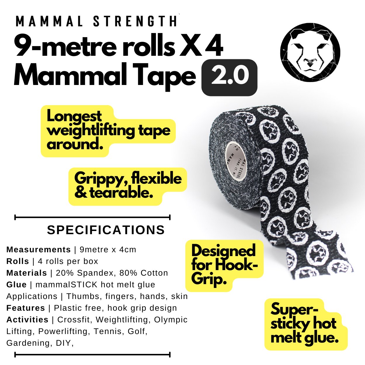 Black Thumb & Weightlifting Tape - Mammal Tape 9-Metre Rolls (4-Pack) - wholesale - Mammal Strength